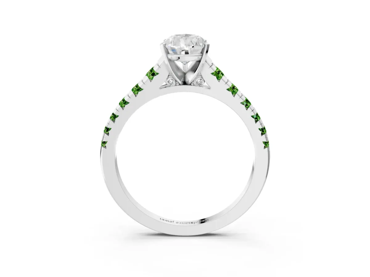 Pear Cut Diamond Cathedral Solitaire Ring with Round Peridot Pavé Band White gold