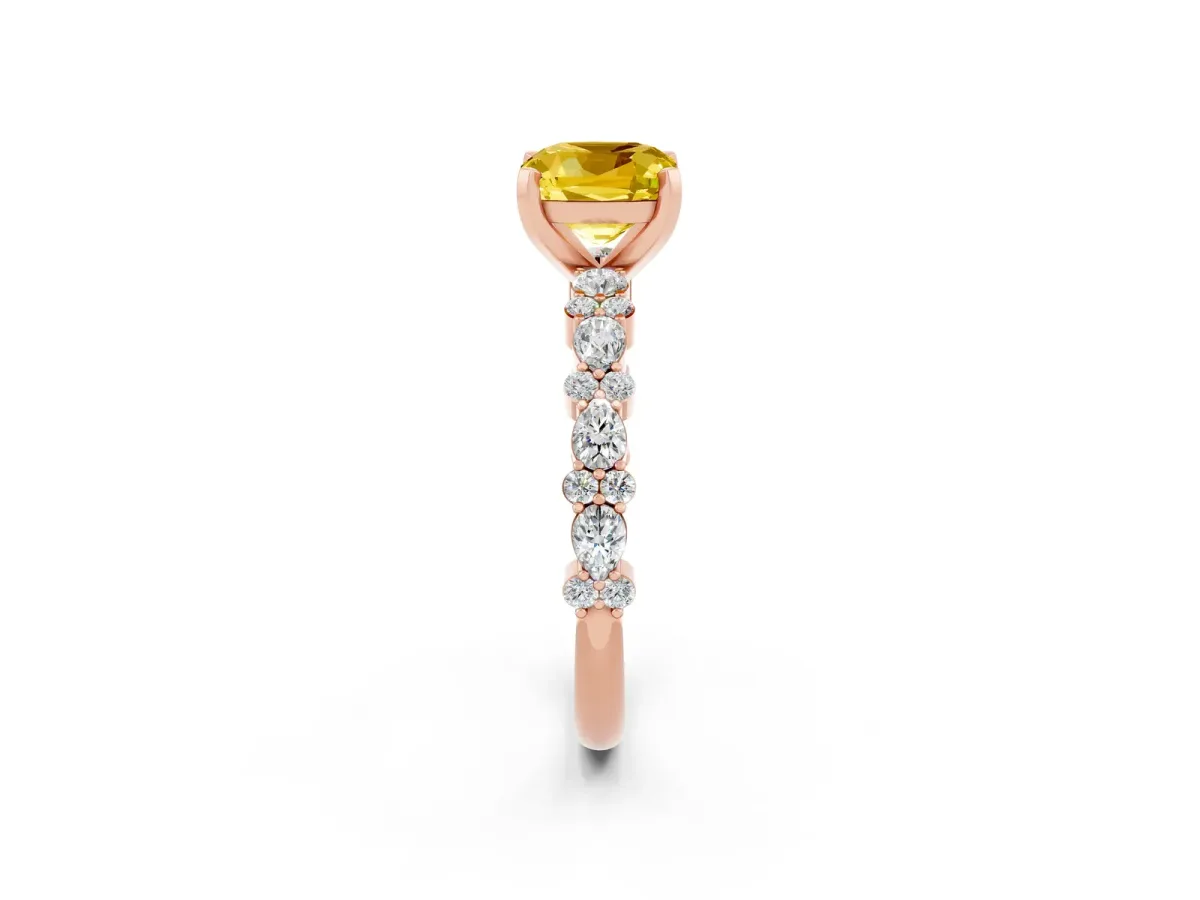 Cushion Cut Yellow Sapphire Side Stone Solitaire Ring with Round and Four-Prong Setting Rose gold
