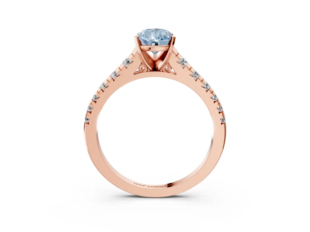 Fancy Blue Pear Cut Diamond Cathedral Solitaire Ring with Round Pavé Band Rose gold
