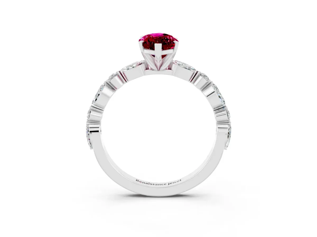 Marquise Cut Garnet Ring with Marquise and Round Side Stones and Four-Prong Setting Silver