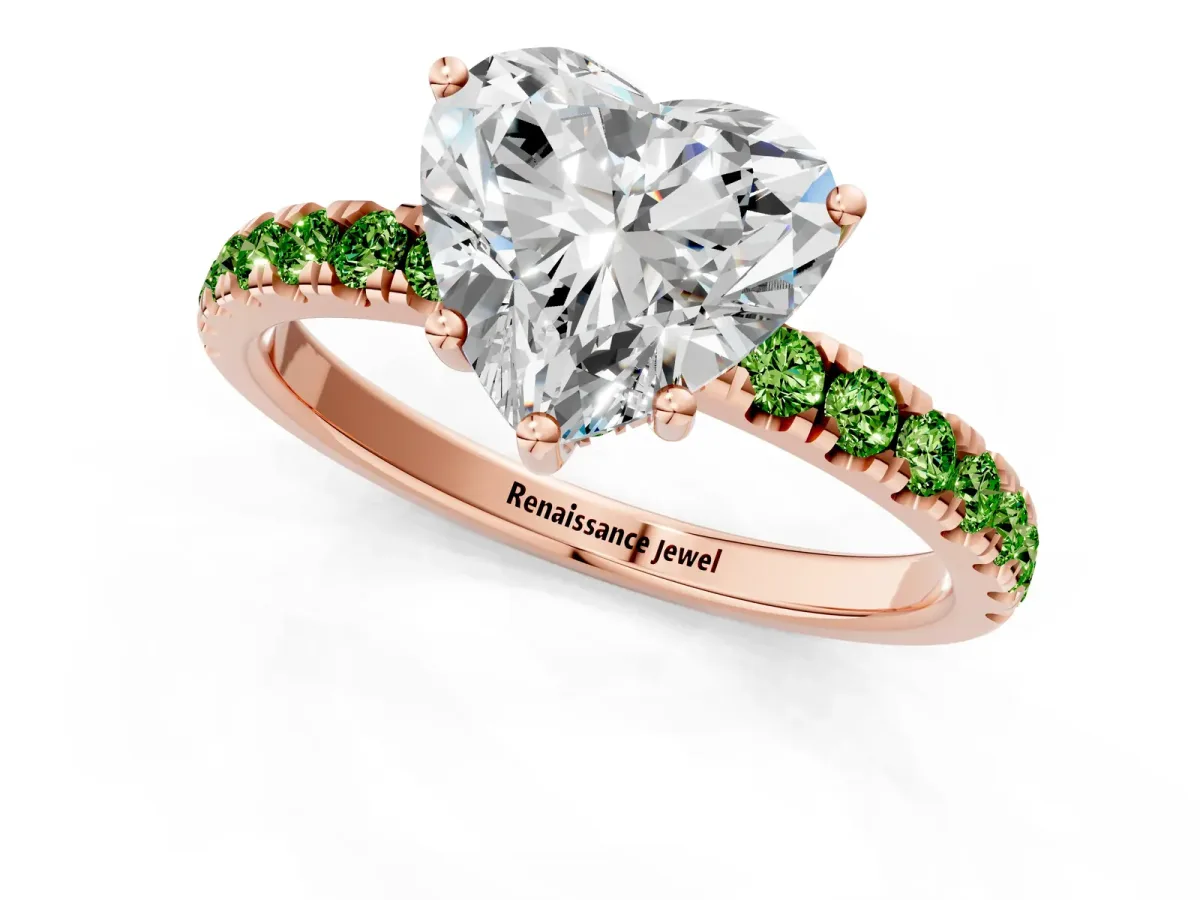 Heart Cut Diamond Pave Band Solitaire Ring with Round Peridot and Prong Setting Rose gold