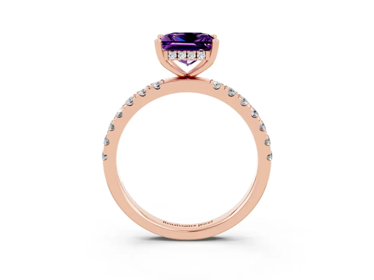 Princess Cut Amethyst Pave Band Solitaire Ring with Round and Prong Setting Rose gold
