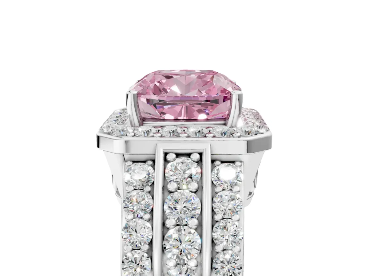 Fancy Pink Cushion Cut Halo Diamond Ring with Round Split Shank and Prong Setting White gold