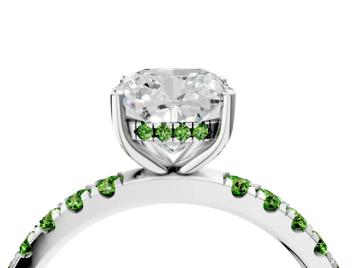 Cushion Cut Diamond Pave Band Solitaire Ring with Round Peridot and Prong Setting Silver