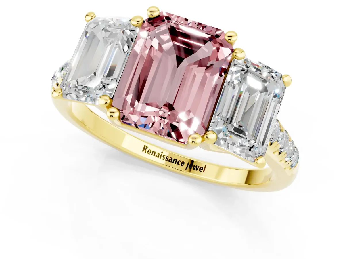 Three-Stone Emerald Cut Morganite Ring with Round Pavé Band and Prong Setting Yellow gold
