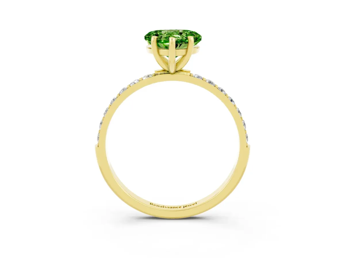 Heart Cut Peridot Solitaire Ring with Round Pavé Band and Prong Setting Yellow gold