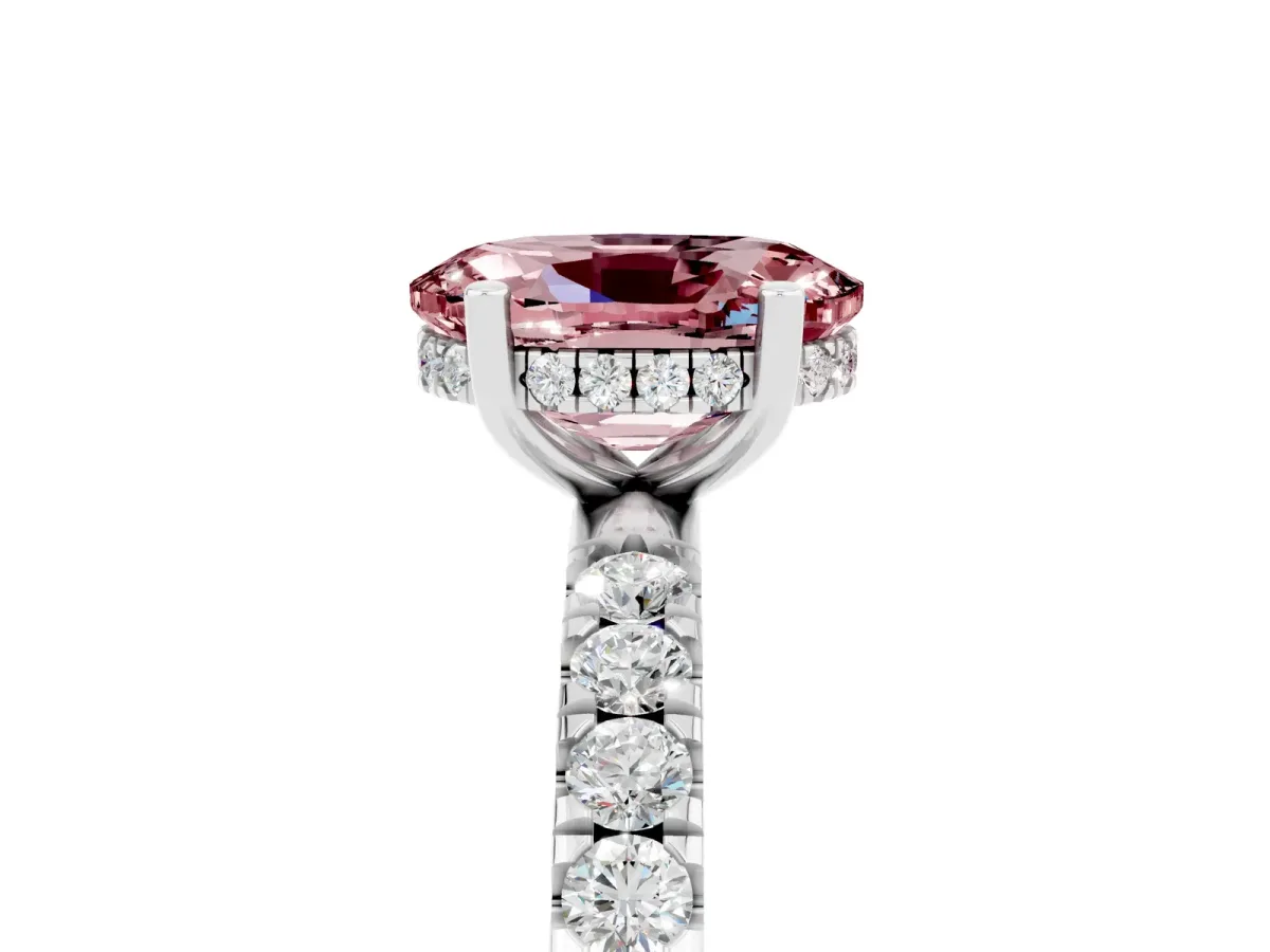 Oval Cut Morganite Pave Band Solitaire Ring with Round and Prong Setting Platinum