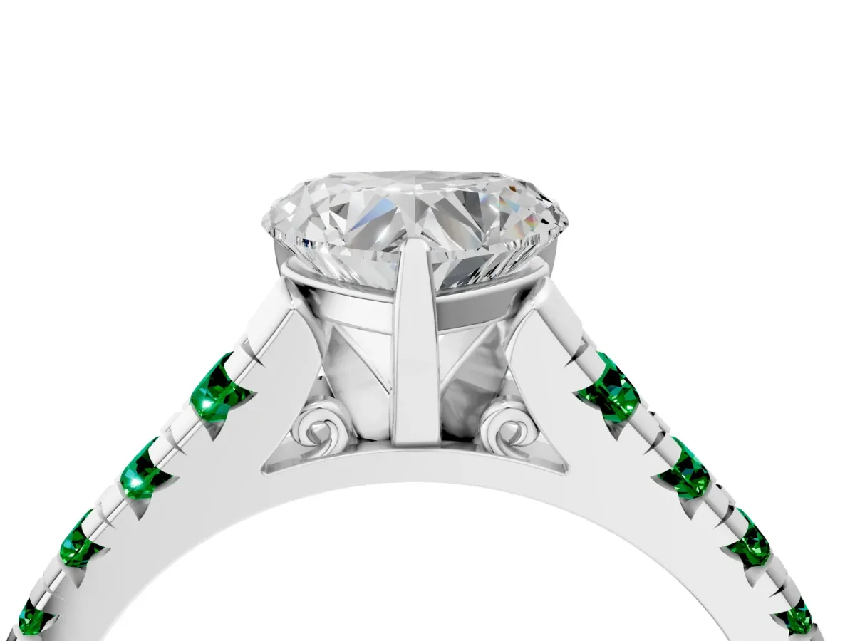 Heart Cut Diamond Cathedral Solitaire Ring with Round Emerald Pavé Band Platinum