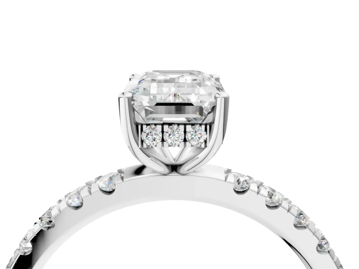 Emerald Cut Diamond Pave Band Solitaire Ring with Round Moissanite and Prong Setting Platinum