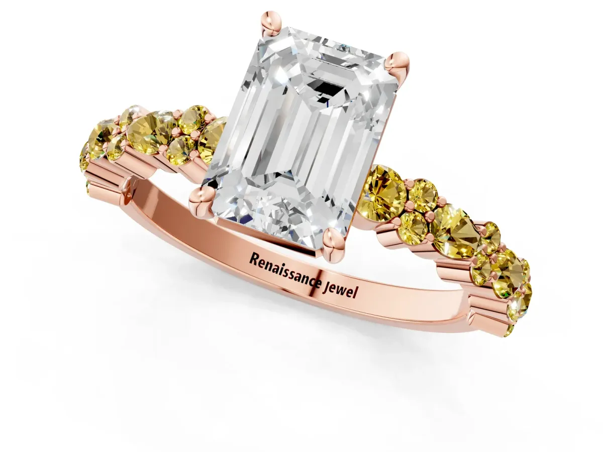Emerald Cut Diamond Side Stone Solitaire Ring with Round Yellow Sapphire and Four-Prong Setting Rose gold