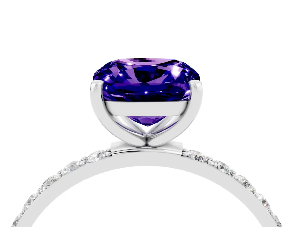 Cushion Cut Tanzanite Solitaire Ring with Round Pavé Band and Prong Setting White gold