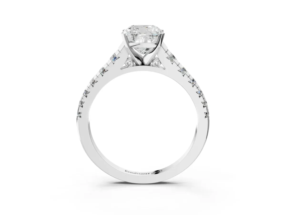 Cushion Cut Diamond Cathedral Solitaire Ring with Round Pavé Band Platinum