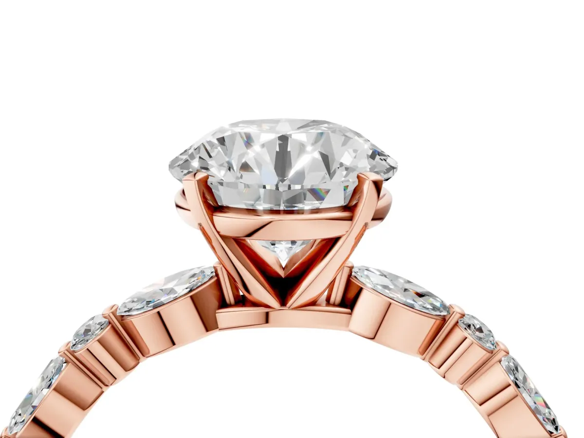 Round Cut Diamond Ring with Marquise and Round Side Stones and Four-Prong Setting Rose gold