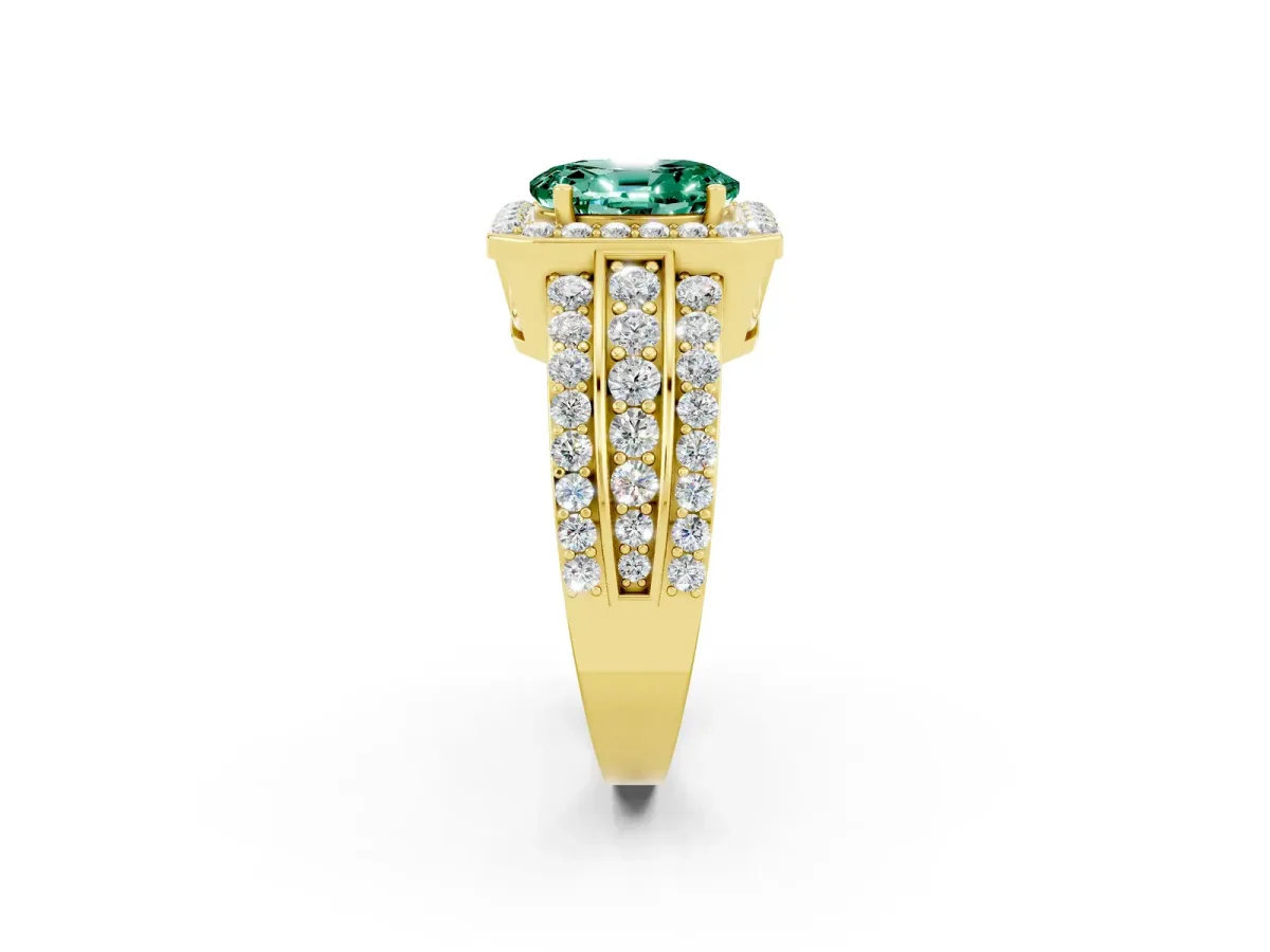 Oval Cut Halo Green Sapphire Ring with Round Split Shank and Prong Setting Yellow gold