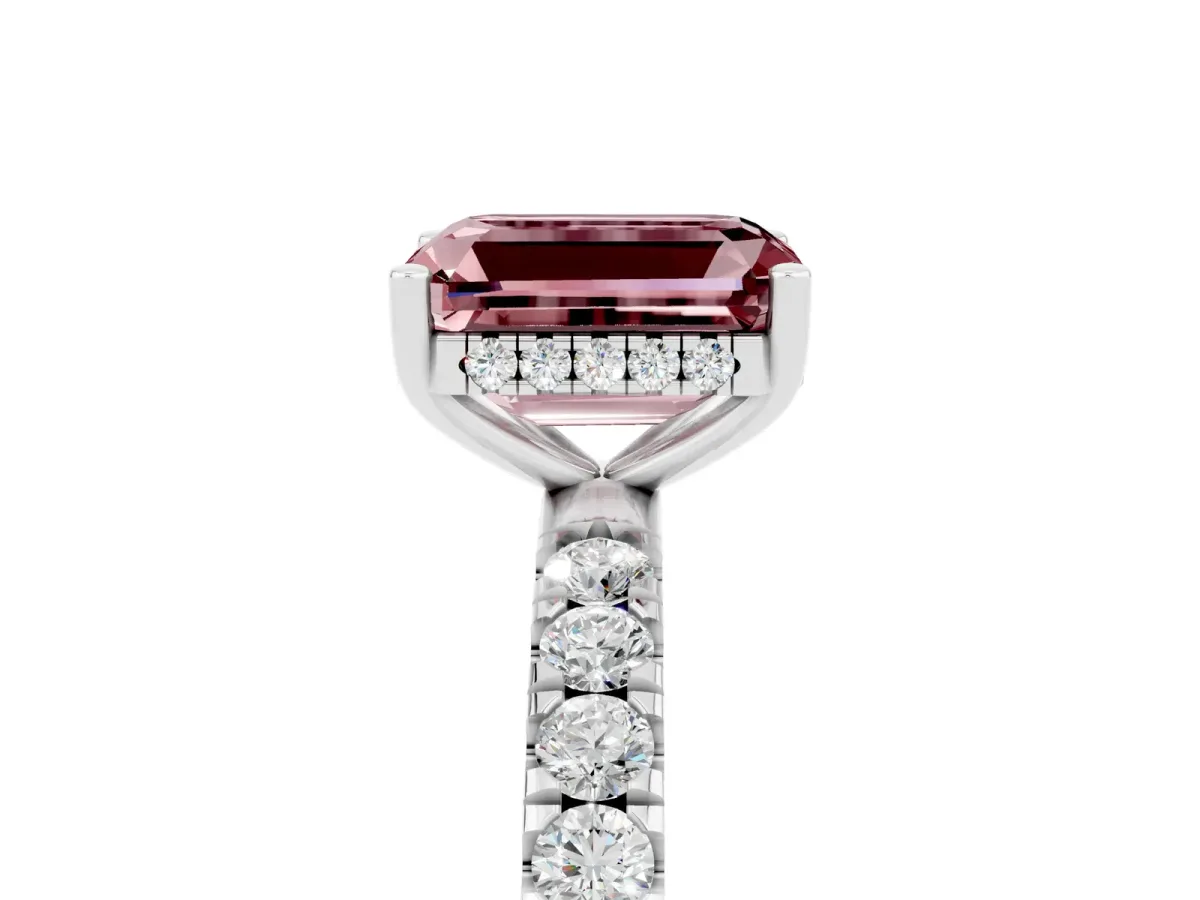 Emerald Cut Morganite Pave Band Solitaire Ring with Round and Prong Setting Platinum