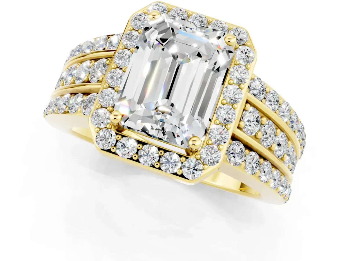 Emerald Cut Halo Moissanite Ring with Round Split Shank and Prong Setting Yellow gold