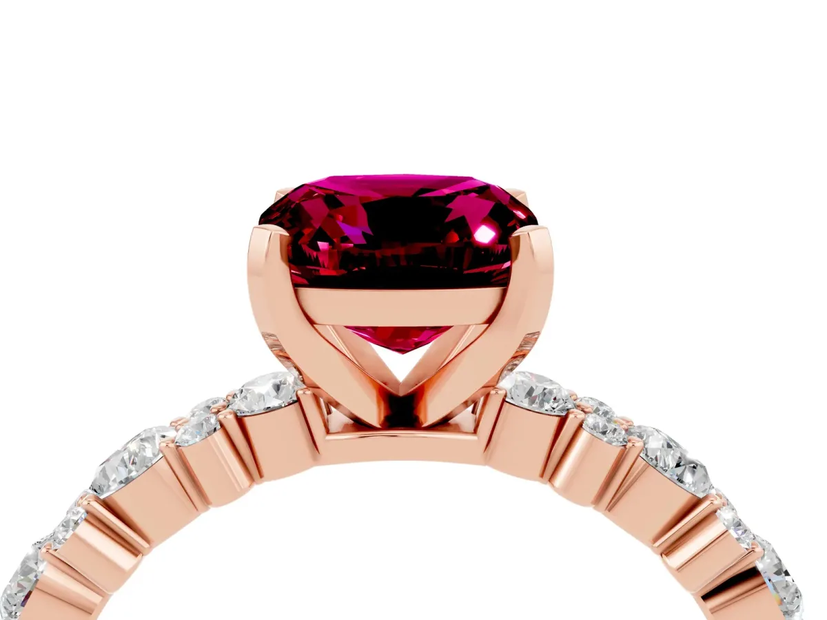 Cushion Cut Garnet Side Stone Solitaire Ring with Round and Four-Prong Setting Rose gold
