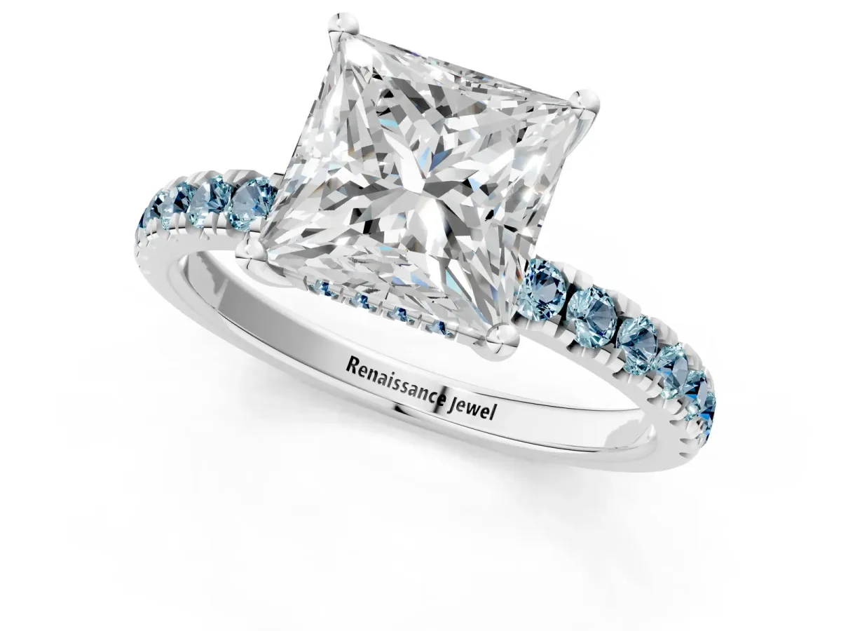 Princess Cut Diamond Pave Band Solitaire Ring with Round Aquamarine and Prong Setting Silver