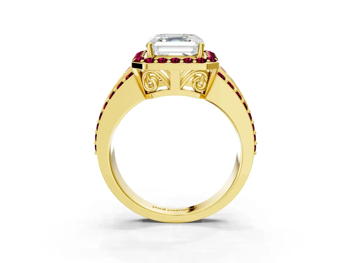 Asscher Cut Halo Diamond Ring with Round Garnet Split Shank and Prong Setting Yellow gold