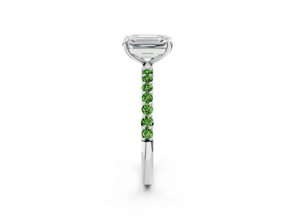Emerald Cut Diamond Solitaire Ring with Round Peridot Pavé Band and Prong Setting White gold