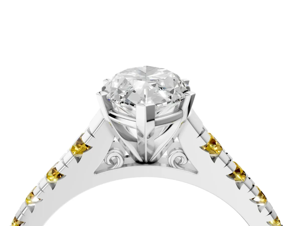 Marquise Cut Diamond Cathedral Solitaire Ring with Round Yellow Sapphire Pavé Band Silver