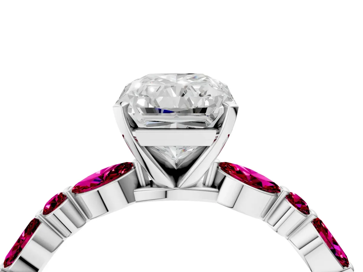 Radiant Cut Diamond Ring with Marquise and Round Garnet Side Stones and Four-Prong Setting Silver