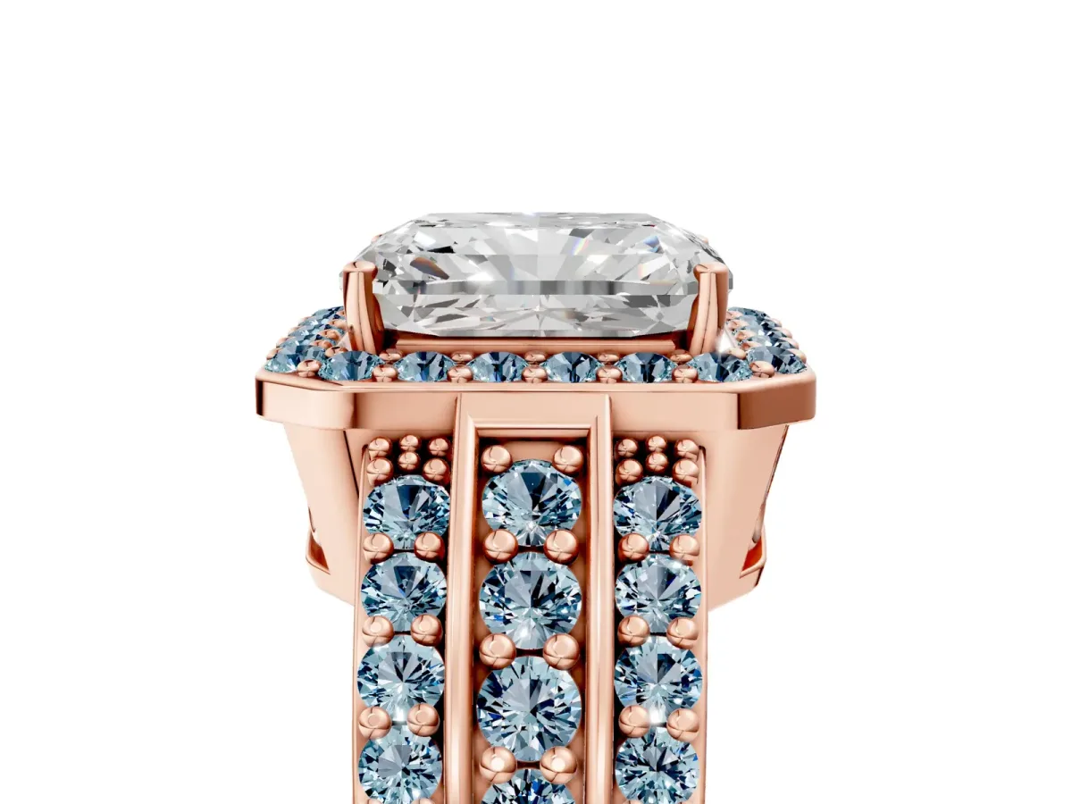 Radiant Cut Halo Diamond Ring with Round Aquamarine Split Shank and Prong Setting Rose gold