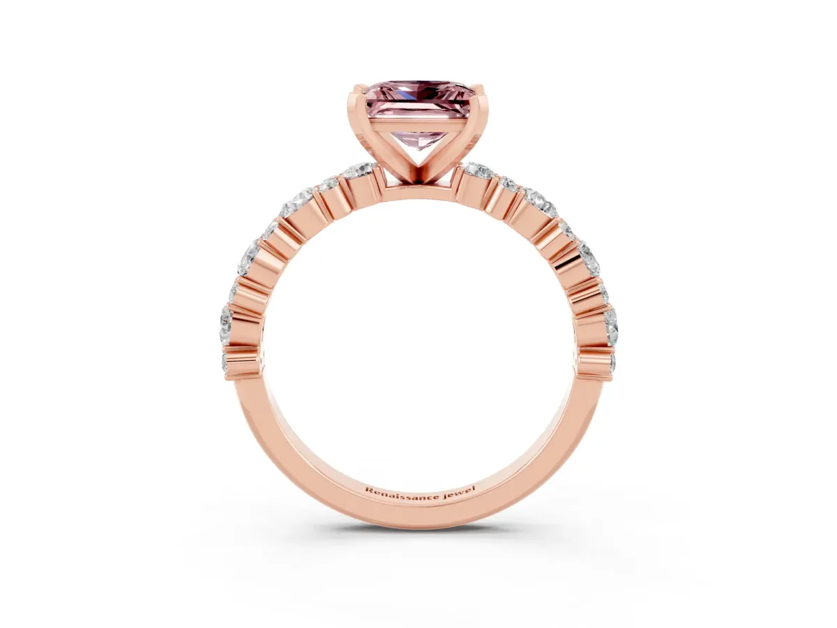 Princess Cut Morganite Side Stone Solitaire Ring with Round and Four-Prong Setting Rose gold