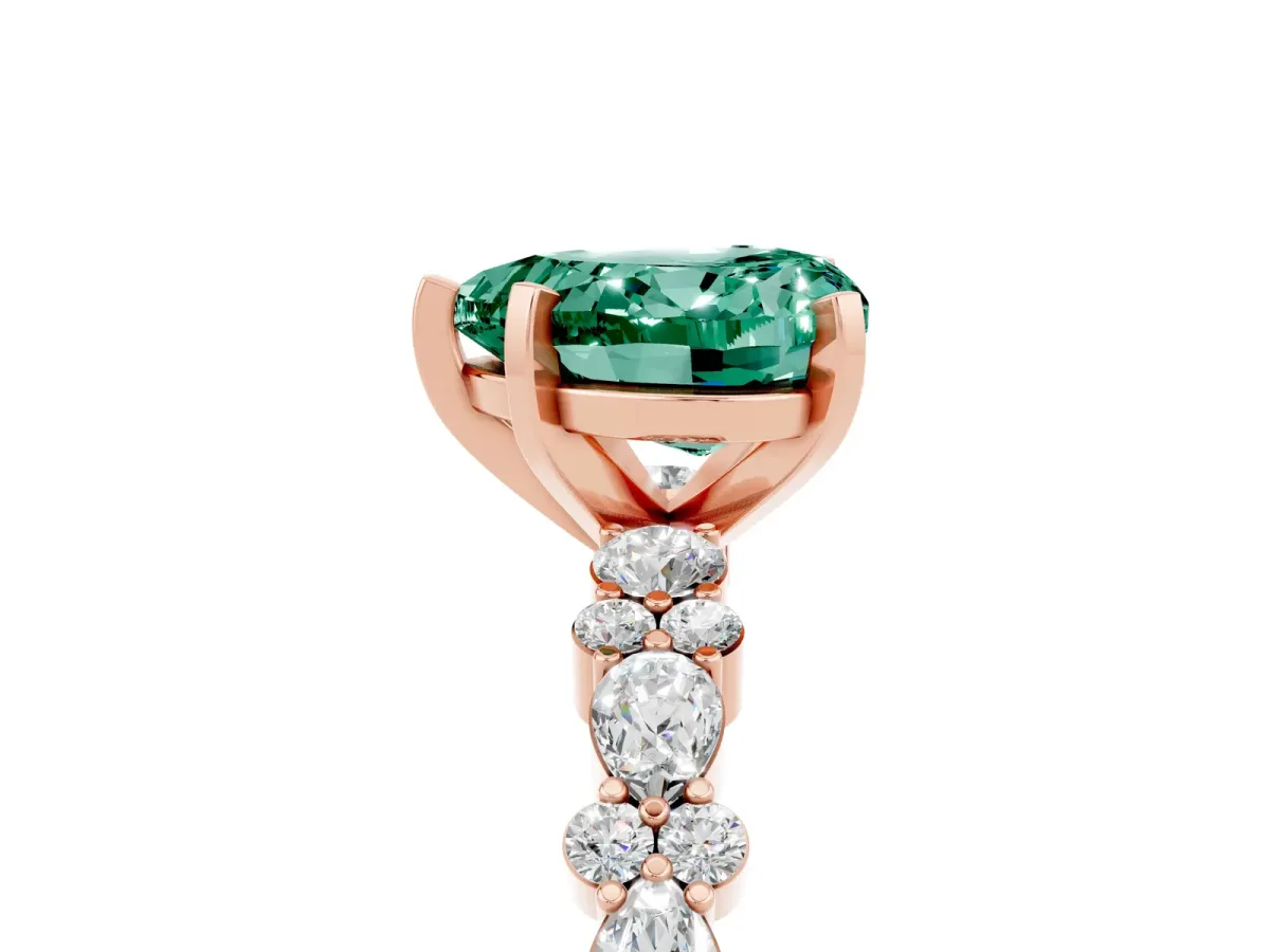 Heart Cut Green Sapphire Side Stone Solitaire Ring with Round and Four-Prong Setting Rose gold