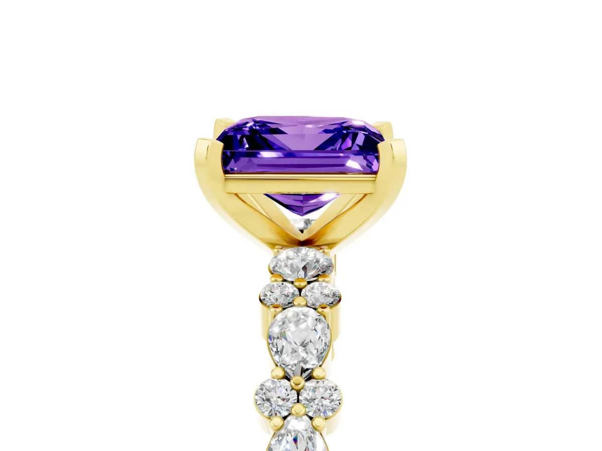 Princess Cut Tanzanite Side Stone Solitaire Ring with Round and Four-Prong Setting Yellow gold