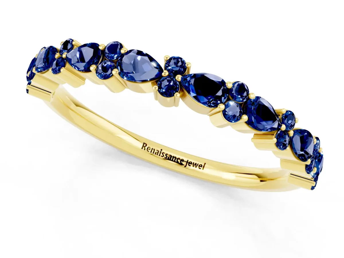 Pear and Round Blue Sapphire Wedding Band Yellow gold