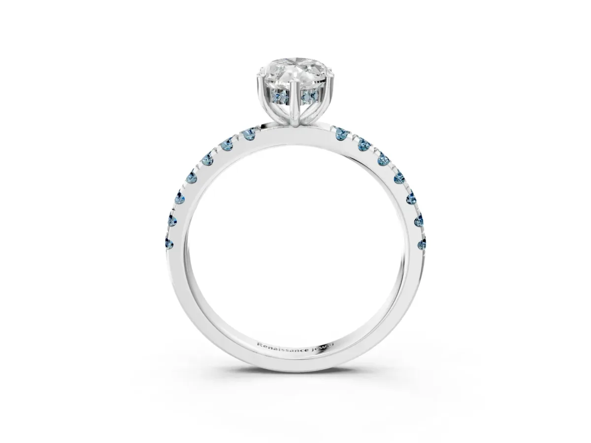 Marquise Cut Diamond Pave Band Solitaire Ring with Round Aquamarine and Prong Setting Silver
