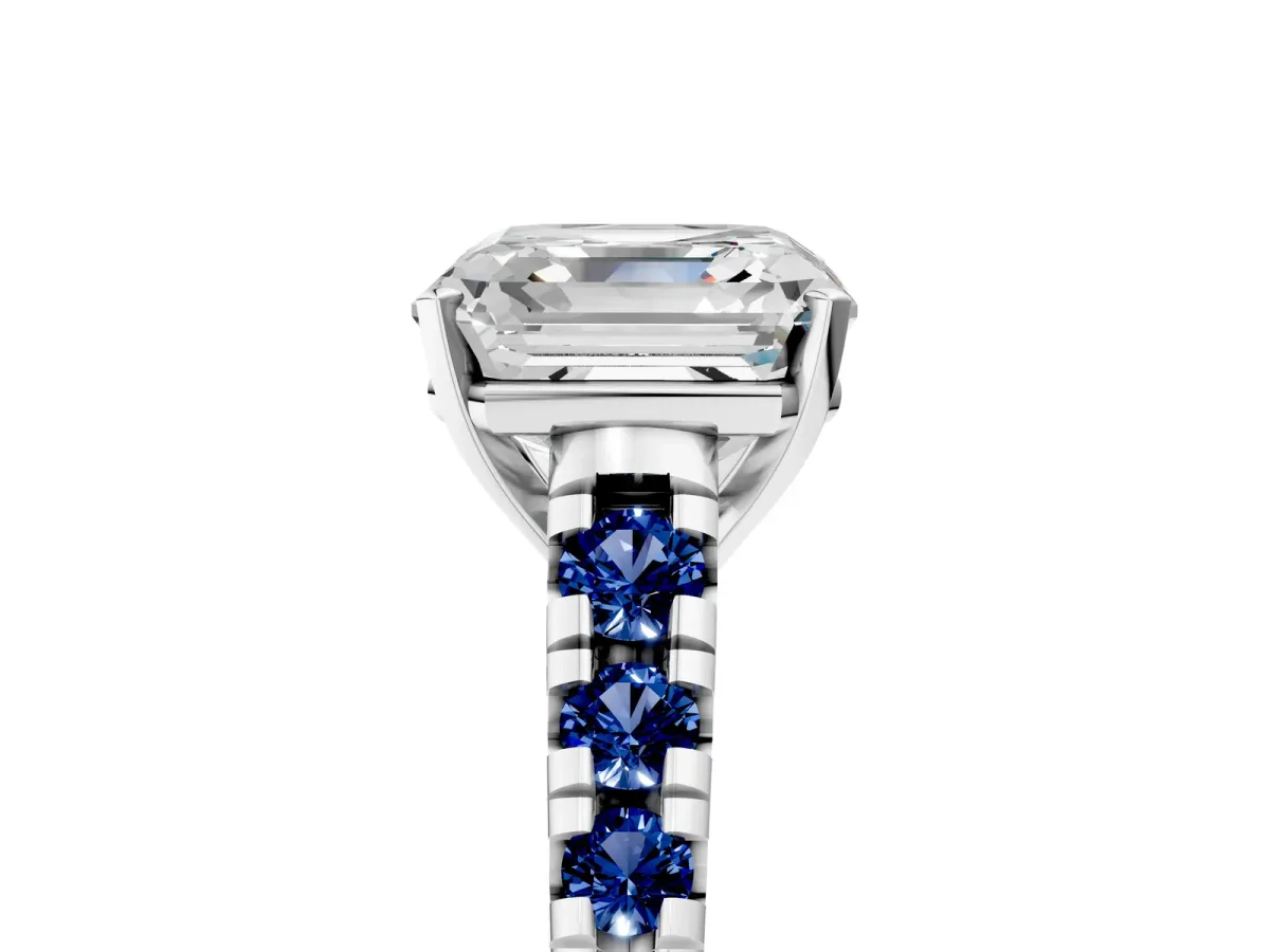 Asscher Cut Diamond Cathedral Solitaire Ring with Round Blue Sapphire Pavé Band Silver