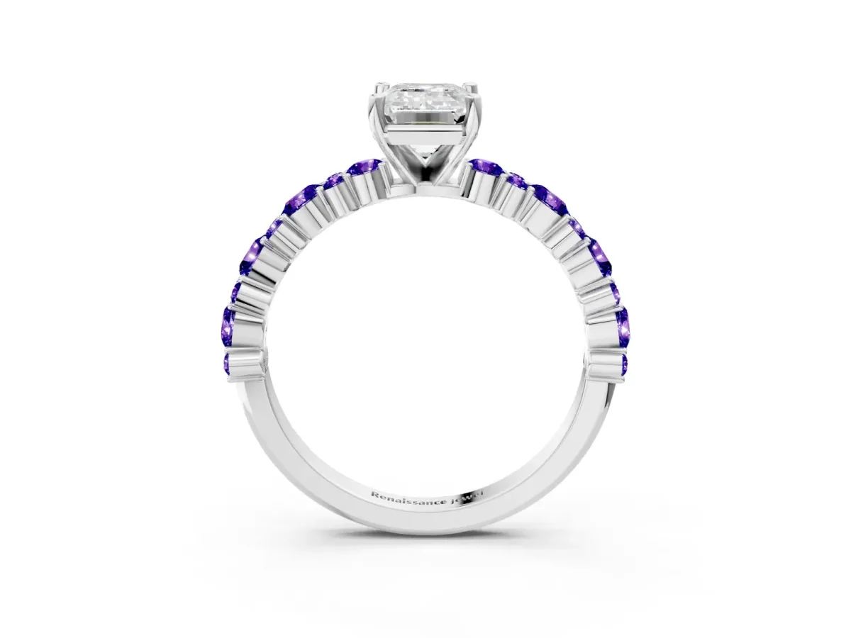 Emerald Cut Diamond Side Stone Solitaire Ring with Round Tanzanite and Four-Prong Setting White gold