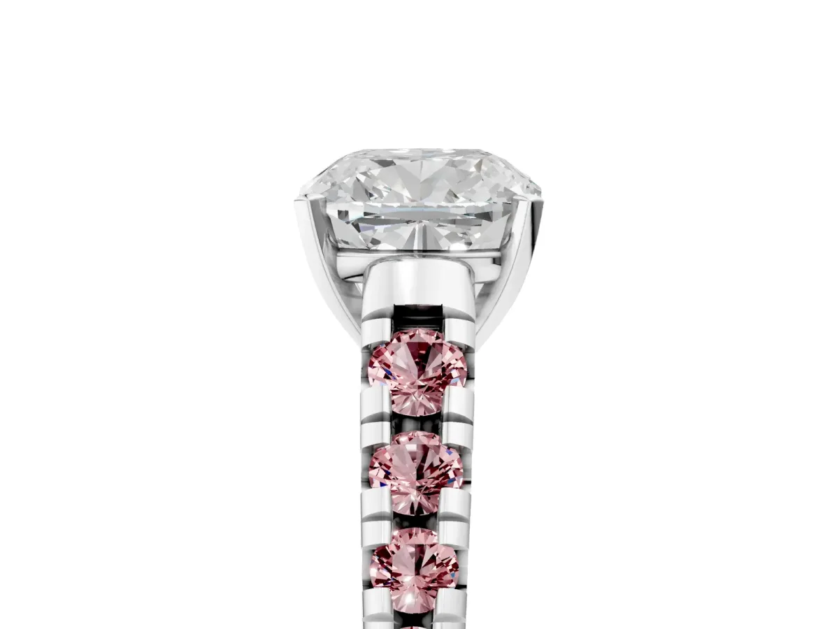 Cushion Cut Diamond Cathedral Solitaire Ring with Round Morganite Pavé Band Platinum