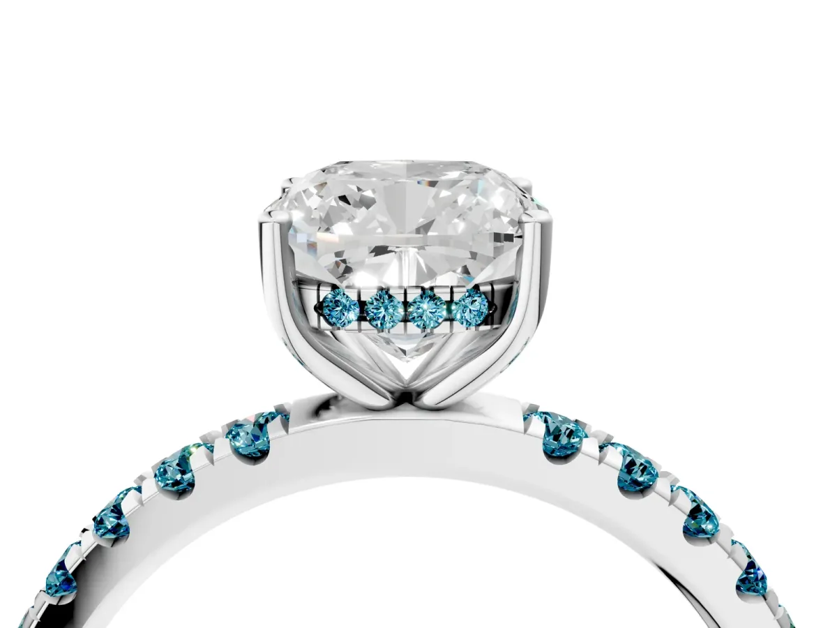 Cushion Cut Diamond Pave Band Solitaire Ring with Round Blue Topaz and Prong Setting Platinum