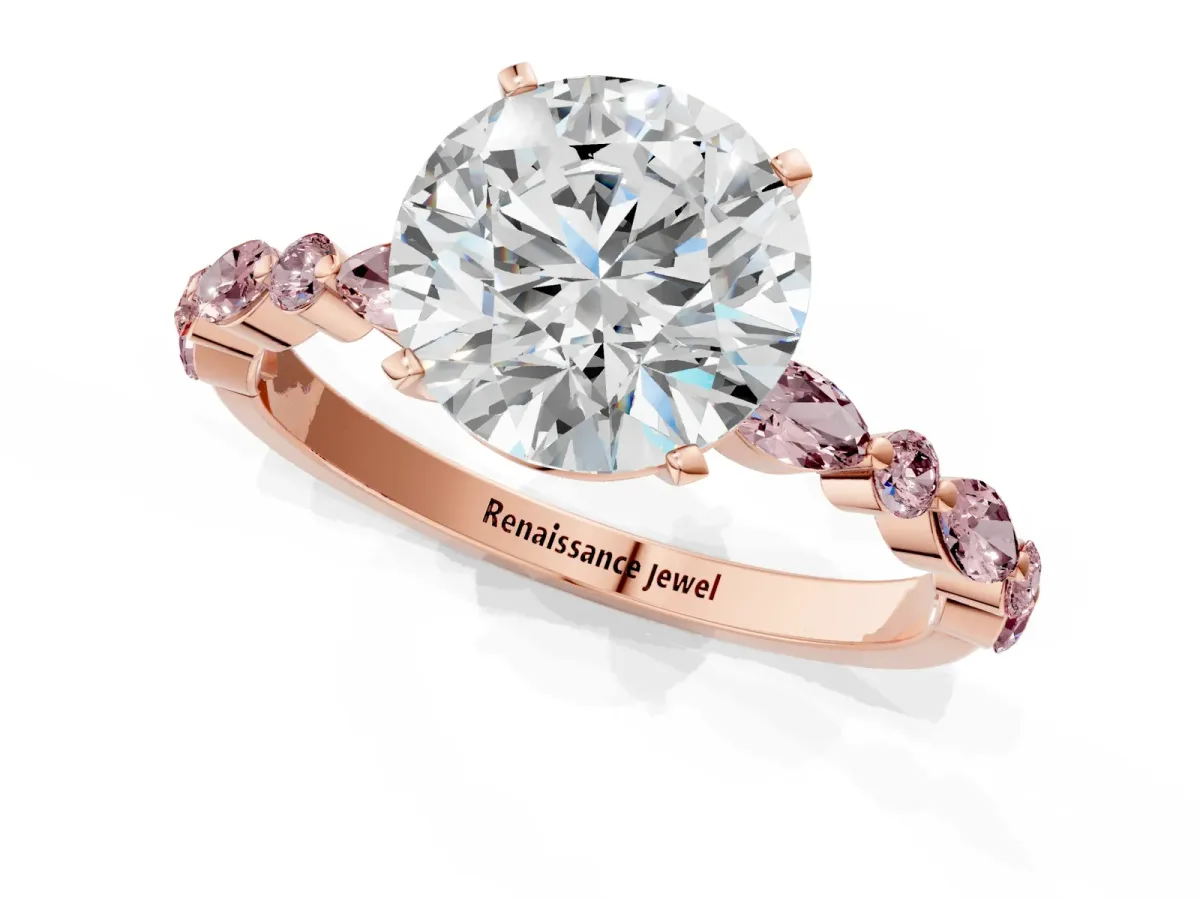 Round Cut Diamond Ring with Marquise and Round Morganite Side Stones and Four-Prong Setting Rose gold