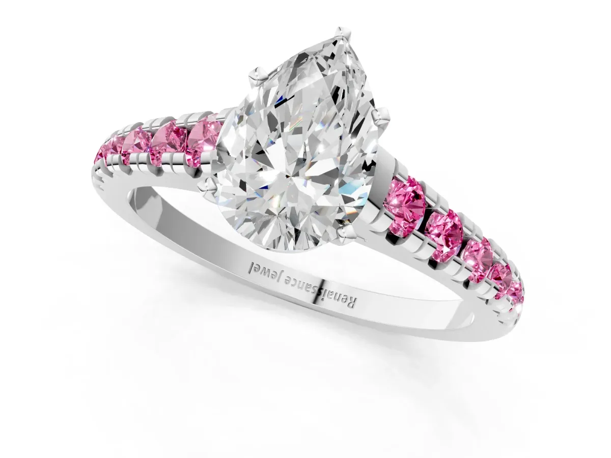 Pear Cut Diamond Cathedral Solitaire Ring with Round Pink Sapphire Pavé Band Platinum