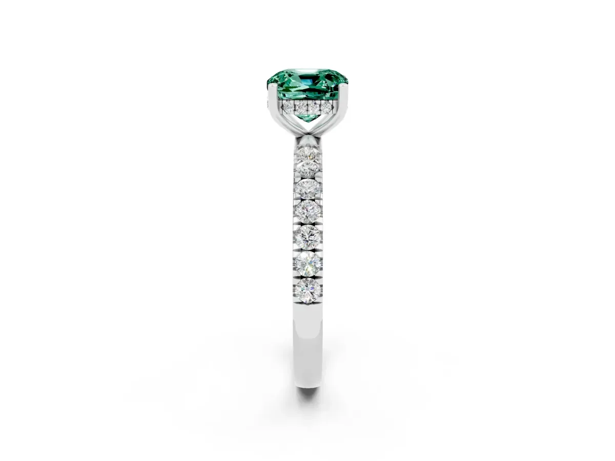 Cushion Cut Green Sapphire Pave Band Solitaire Ring with Round and Prong Setting Silver