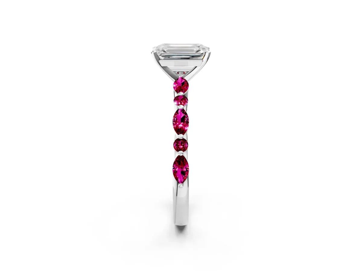 Emerald Cut Diamond Ring with Marquise and Round Garnet Side Stones and Four-Prong Setting Platinum