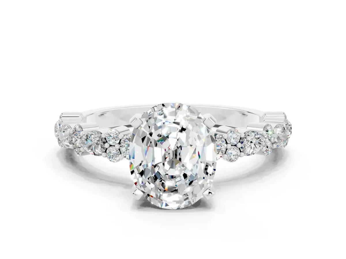 Oval Cut Moissanite Side Stone Solitaire Ring with Round and Four-Prong Setting White gold