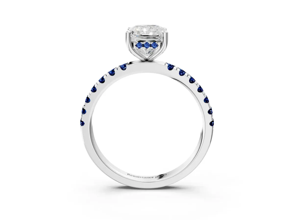 Radiant Cut Diamond Pave Band Solitaire Ring with Round Blue Sapphire and Prong Setting Silver