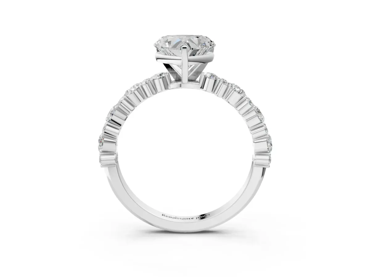 Heart Cut Diamond Side Stone Solitaire Ring with Round Moissanite and Four-Prong Setting Platinum