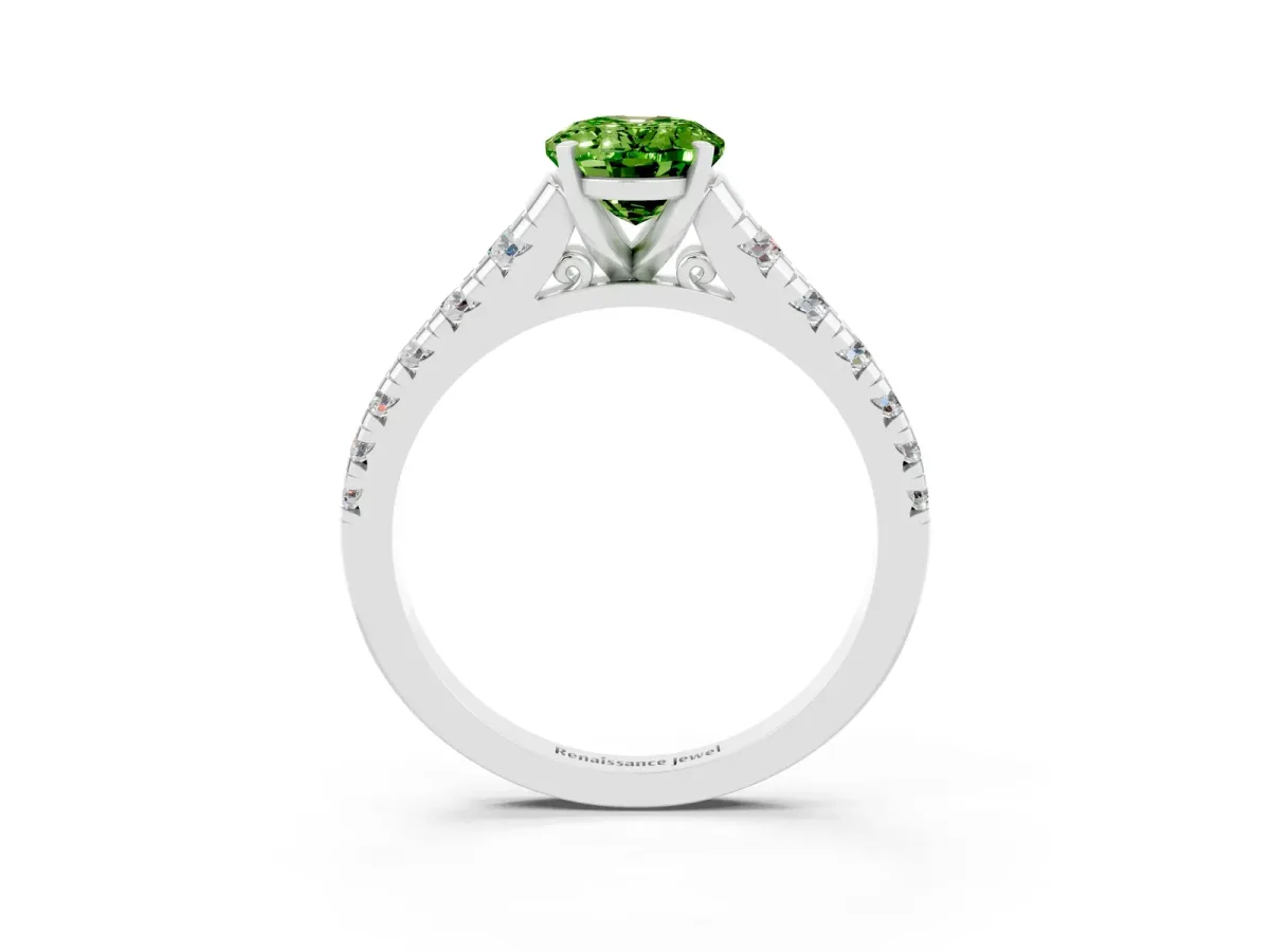 Oval Cut Peridot Cathedral Solitaire Ring with Round Pavé Band Platinum