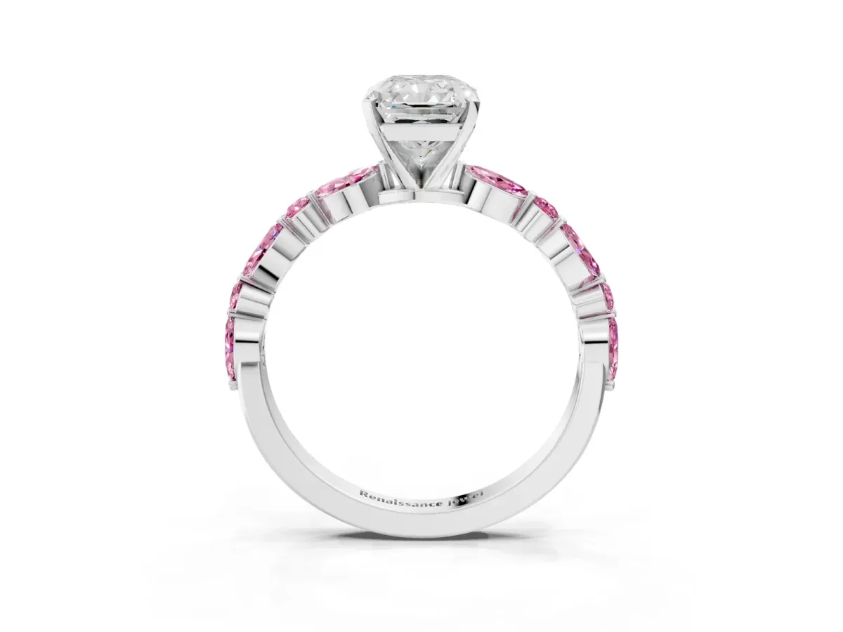 Radiant Cut Diamond Ring with Marquise and Round Pink Sapphire Side Stones and Four-Prong Setting Silver