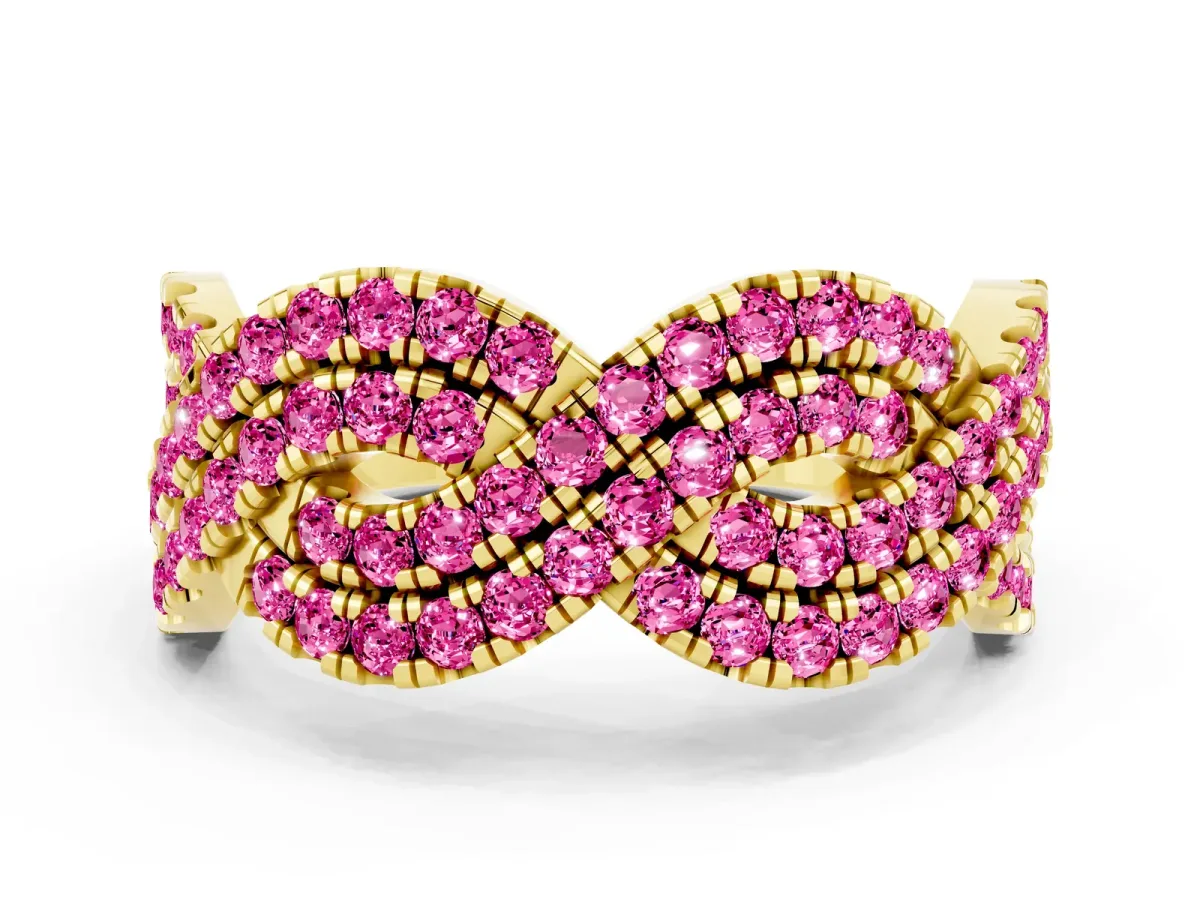 Pavé Round Pink Sapphire Infinity Twist Band with Shared Prong Setting Yellow gold