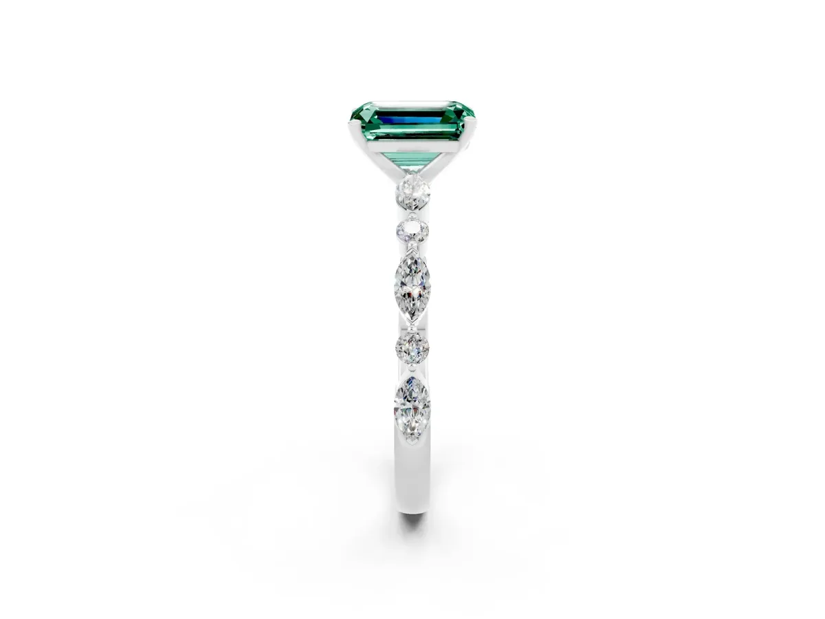 Emerald Cut Green Sapphire Ring with Marquise and Round Side Stones and Four-Prong Setting Platinum