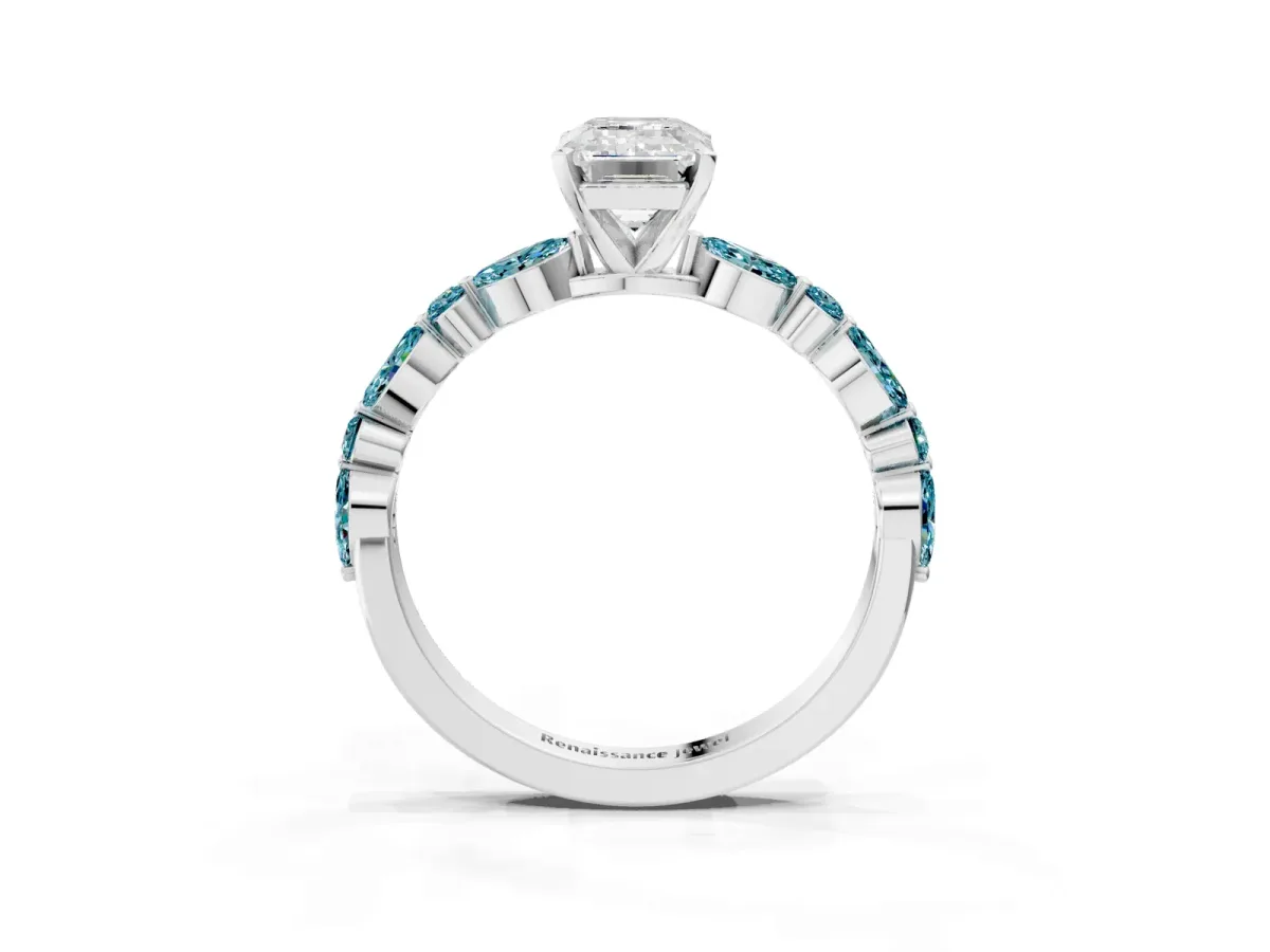 Emerald Cut Diamond Ring with Marquise and Round Blue Topaz Side Stones and Four-Prong Setting Silver