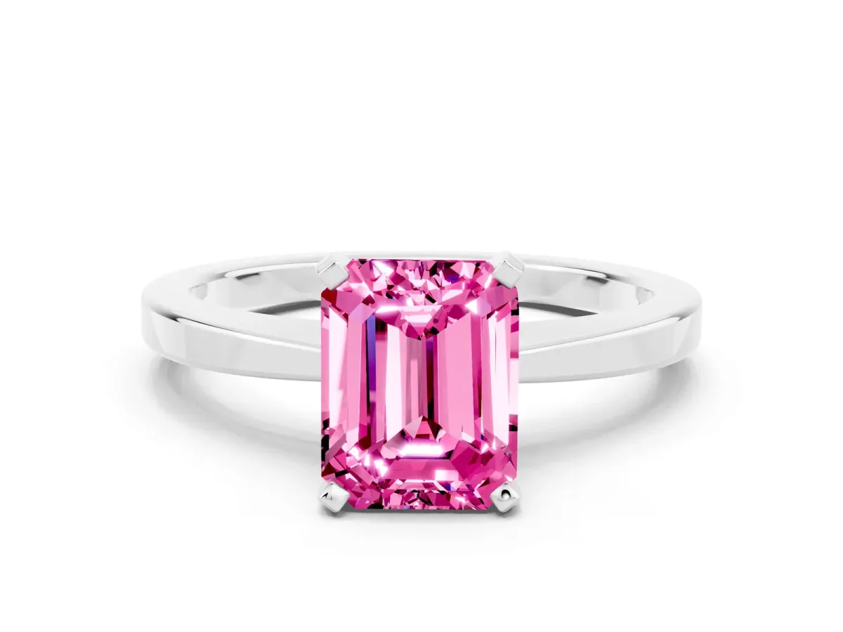 Emerald Cut Pink Sapphire Solitaire Engagement Ring with Classic Band and Four-Prong Setting Silver