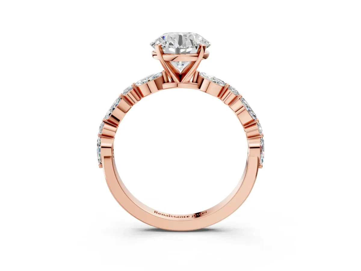 Round Cut Diamond Ring with Marquise and Round Side Stones and Four-Prong Setting Rose gold